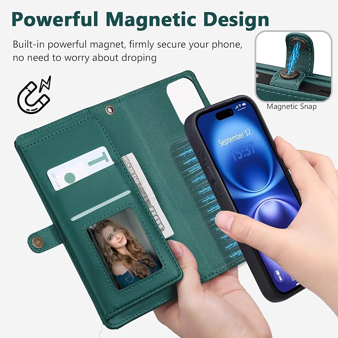 Wallet Case for iPhone 16 with Card Holder/Crossbody Wallet/Strap| RFID Blocking | Magnetic | Kickstand | Detachable | PU Leather Phone Case for iPhone 16,6.1 in,Green