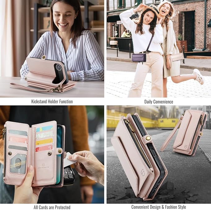 Strapurs Wallet Case Compatible with iPhone Air 6.5" RFID Blocking 10-Card Holder Soft PU Leather Magnetic Snap Shoulder Strap Zipper Pocket Phone Case Fit for iPhone 17 Air for Women - Rose Gold