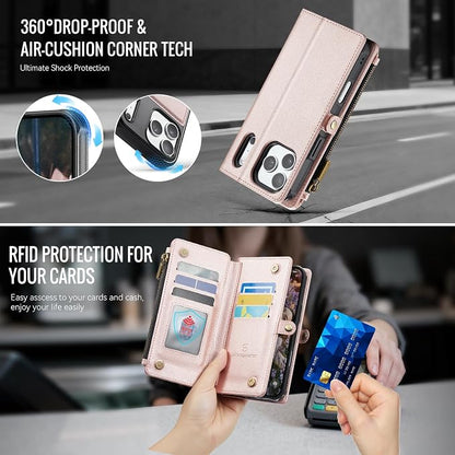 Strapurs for iPhone 17 Pro Max Detachable Wallet Case Compatible with Magsafe, RFID Blocking 9-Card Holder Zipper Strap Lanyard PU Leather Magnetic Phone Case for iPhone 17 Pro Max 6.9", Rose Gold