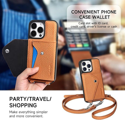 LUCKYCOIN for iPhone 14 Pro Crossbody Wallet Case – Genuine Leather Phone Purse with Adjustable Strap and Card Holder,Lanyard Phone Purse Case for Women,Pebble Grain Brown
