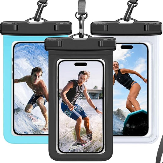 Waterproof Phone Pouch IP68 Floating Waterproof Phone Case, Dry Bag Beach Cruise Essentials with Adjustable Lanyard for iPhone 16 Pro Max / 15 Pro/Galaxy S24 S23 (Black & Clear & Blue)