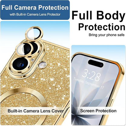 Hython for iPhone 17 Case Glitter Clear Magnetic Phone Cases [Compatible with MagSafe] Full Camera Lens Protector Sparkle Luxury Plating Slim Shockproof Protective Cover Women, Gold