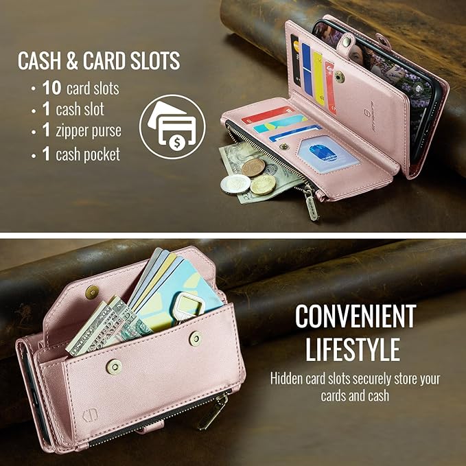 Strapurs Wallet Case Compatible with iPhone 16 Plus 6.7" RFID Blocking 10-Card Holder Soft PU Leather Magnetic Snap Shoulder Strap Zipper Pocket Phone Case Fit for iPhone 16 Plus - Rose Gold