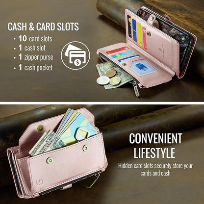 Strapurs Wallet Case Compatible with iPhone 16 Plus 6.7" RFID Blocking 10-Card Holder Soft PU Leather Magnetic Snap Shoulder Strap Zipper Pocket Phone Case Fit for iPhone 16 Plus - Rose Gold