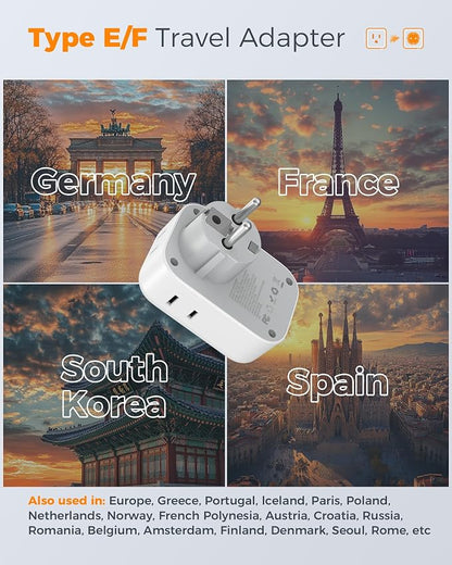 TESSAN Type E F Travel Plug Adapter PD 20W, 7 in 1 Germany France Power Adaptor with 4 Outlets 3 USB (2 USB-C), South Korea Outlet Adapters for US to Europe EU Spain Iceland Greece Portugal, 2 Pack