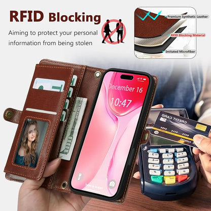Wallet Case for iPhone 15 Plus with Card Holder/Crossbody Wallet/Strap| RFID Blocking | Magnetic | Kickstand | Detachable | PU Leather Phone Case for iPhone 15 Plus,6.7 in,Brown