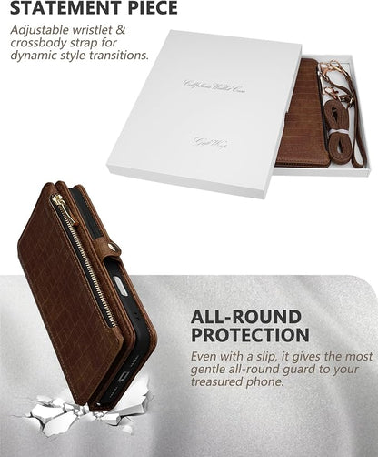Crossbody Wallet Case for iPhone 17 Pro Max with Mirror, Wrist Strap, Zipper Purse Magnetic Flip, RFID Blocking Card Holder, Wireless Charging, PU Leather Shockproof 6.9" Women (Brown)