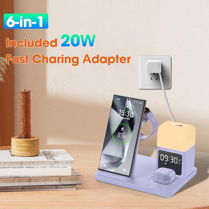 Wireless Charger for Samsung/Android Charging Station, 6 in 1 Fast Watch Charger with Alarm Clock-Night Light, Compatible for Galaxy S25 Ultra/S24, Only for Samsung Watch 8/7,Galaxy Buds3 Pro(Purple)