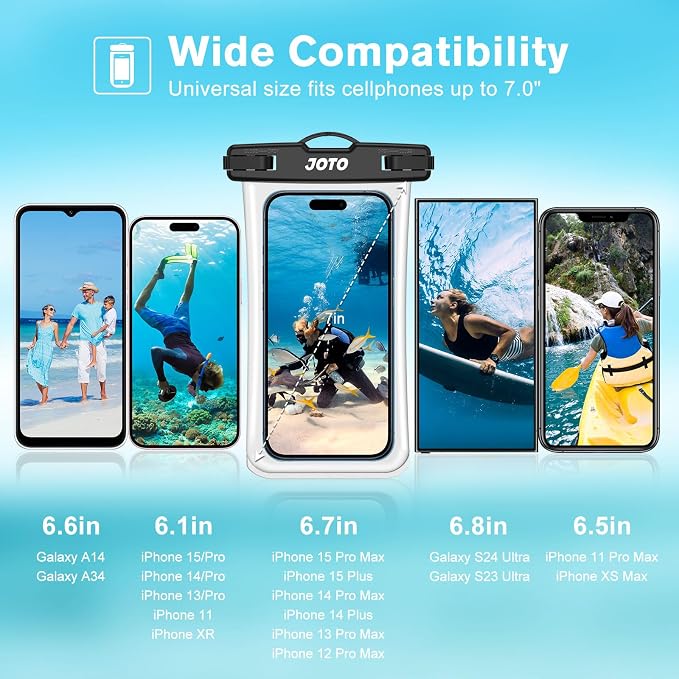 JOTO 2 Pack Waterproof Phone Pouch Case Up to 7", IPX8 Underwater Phone Case Cellphone Dry Bag for iPhone 17/Air 16 15 14 13 12 Pro Max Xs Max XR X 8 7 6S Plus SE/Galaxy S24 S23 S22 -TransparentBlack