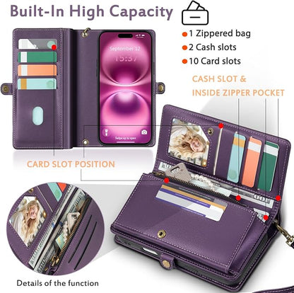 for Wallet Case Compatible with iPhone 16 Plus,Multi-Function Detachable 2 in 1 Magnetic iPhone 16 Plus Case Wallet,Flip Strap Zipper Card Holder Phone Case with Shoulder Straps (Pruple)