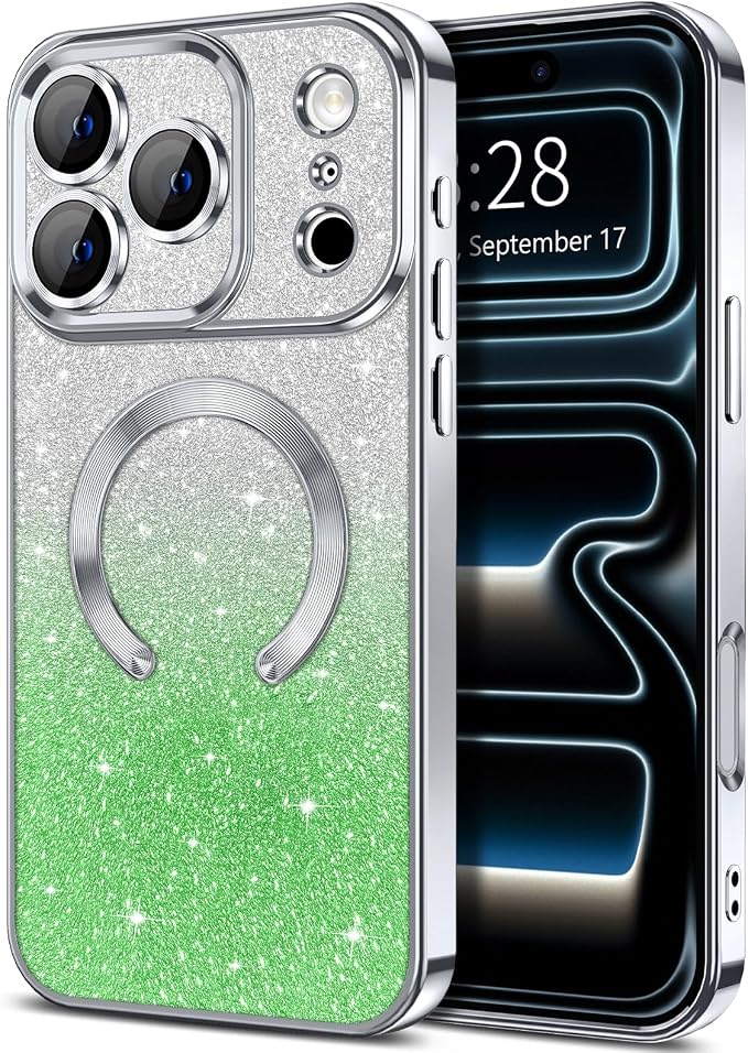 Hython for iPhone 17 Pro Max Case Glitter Clear Magnetic Phone Cases [Compatible with MagSafe] Full Camera Lens Protector Sparkle Luxury Plating Slim Shockproof Protective Cover Women, Gradient Silver