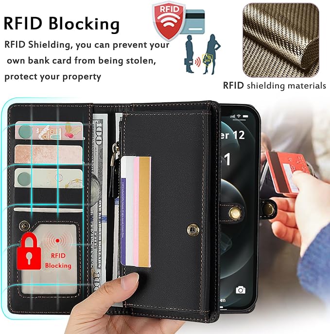 for Wallet Case Compatible with iPhone 12 Pro Max,Multi-Function Detachable 2 in 1 Magnetic iPhone 12 Pro Max Case Wallet,Flip Strap Zipper Card Holder Phone Case with Shoulder Straps (Black)