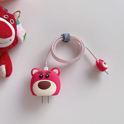 3D Cute Cartoon Charger Protector Case - Compatible for Apple 20W USB-C Power Adapter and Lightning Cable (Pink 02)