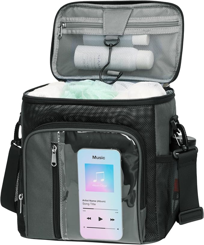 F-color Crossbody Shower Caddy with Phone Holder - Hands-Free Portable Toiletry Bag Fits Full-Size Bottles, Quick Dry Mesh Hanging Tote for College Dorm Essentials, Camping, Gym, Travel, Large, Grey