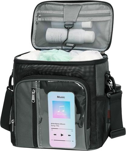 F-color Crossbody Shower Caddy with Phone Holder - Hands-Free Portable Toiletry Bag Fits Full-Size Bottles, Quick Dry Mesh Hanging Tote for College Dorm Essentials, Camping, Gym, Travel, Large, Grey
