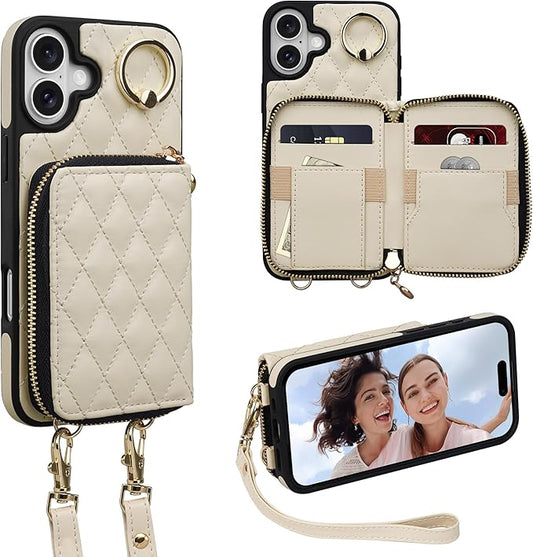 Keallce Case for iPhone 16 Plus 6.7'' Wallet Case, Crossbody Zipper Purse with Wristlet for Women, RFID Blocking Card Holders, 360° Ring Kickstand Flip Leather Case for iPhone 16 Plus, Beige