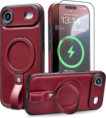 for iPhone Air Leather Case with Stand, Anti-Slip Grip Ring, Fits for MagSafe (Burgundy, iPhone Air)