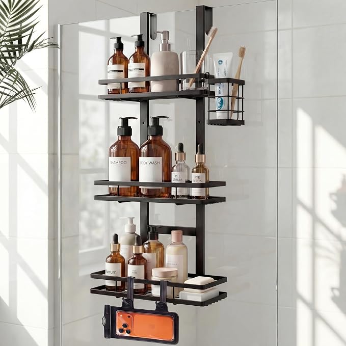 Over the Door Shower Caddy Hanging, Rustproof Shower Shelves with Waterproof Phone Pouch, 3-Tier Adjustable Bathroom Organizers and Storage, No Drilling Shower Shelf, Black Shampoo Soap Holder