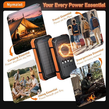 Solar Power Bank 49800mAh Portable Wireless Charger with USB-C 22.5W Fast Charging Built in 4 Cables Compatible with iPhone, iPad, Bright LED Flashlight Perfect for Camping