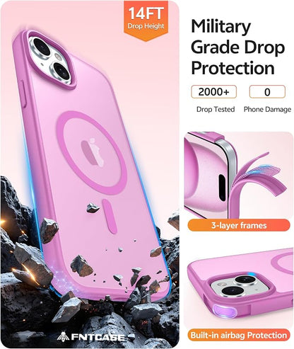 FNTCASE for iPhone 15/14/13 Case, Fit for Magsafe, Glass Screen Protector | Translucent Matte, Magnetic Phone Cases, 14FT Military Grade Drop Protection, Slim Shockproof Protective Cover, Pink