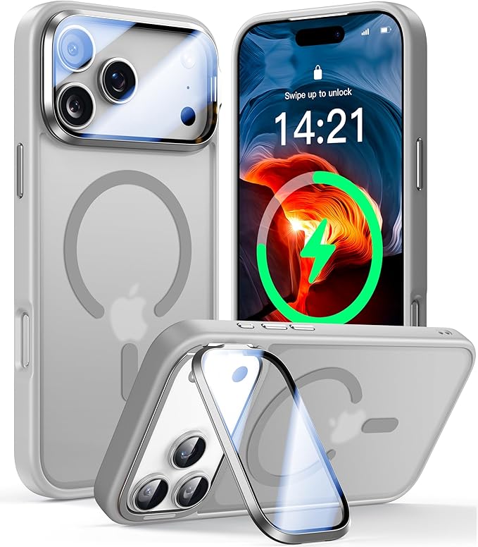 [Upgraded Full Camera Protection] for iPhone 17 Pro Case with Camera Cover Stand [Fit for MagSafe][10FT Mil-Grade Protection] Translucent Magnetic iPhone 17 Pro Phone Case, Grey