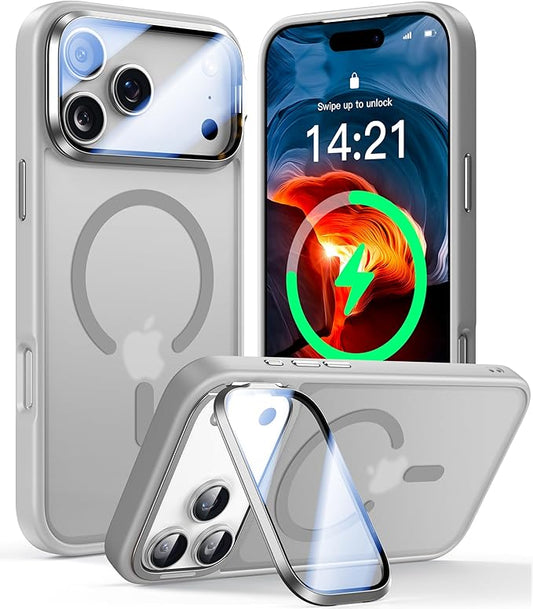 [Upgraded Full Camera Protection] for iPhone 17 Pro Case with Camera Cover Stand [Fit for MagSafe][10FT Mil-Grade Protection] Translucent Magnetic iPhone 17 Pro Phone Case, Grey