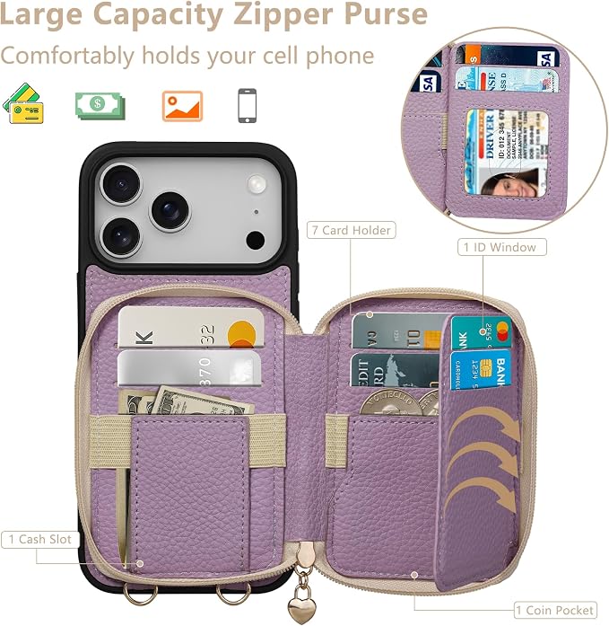 Keallce Case for iPhone 17 Pro Max 6.9'' Case Wallet, Crossbody Zipper Purse with RFID Blocking Card Slots Kickstand, Lanyard & Handstrap Flip Folio Leather Phone Cover for iPhone 17 Pro Max, Purple