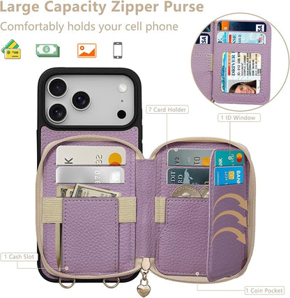 Keallce Case for iPhone 17 Pro Max 6.9'' Case Wallet, Crossbody Zipper Purse with RFID Blocking Card Slots Kickstand, Lanyard & Handstrap Flip Folio Leather Phone Cover for iPhone 17 Pro Max, Purple