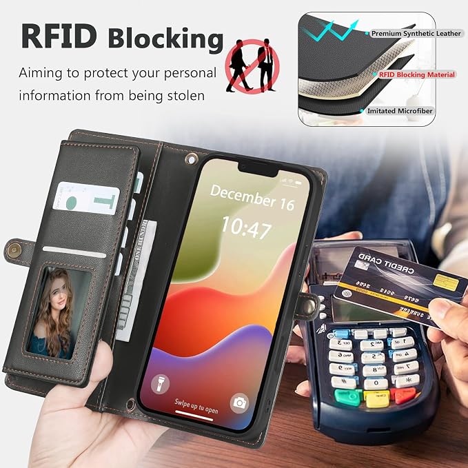Wallet Case for iPhone 14 Plus with Card Holder/Crossbody Wallet/Strap| RFID Blocking | Magnetic | Kickstand | Detachable | PU Leather Phone Case for iPhone 14 Plus,6.7 in,Black