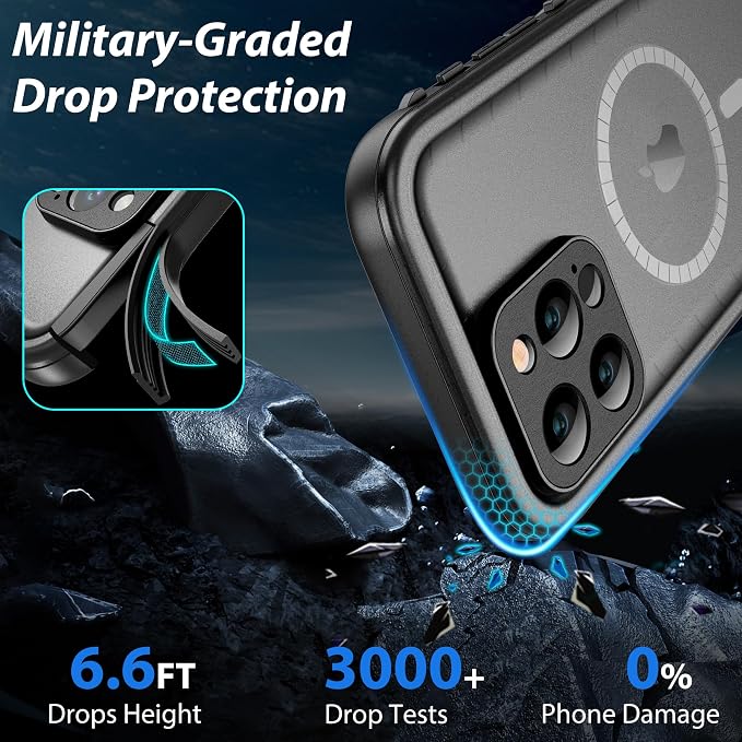 SPORTLINK for iPhone 14 Pro Max Case Waterproof - Buit in Screen Protector [Compatible with MagSafe][IP68 Underwater][6.6FT Military Dropproof][Dustproof] Full Body Shockproof 6.7" Black