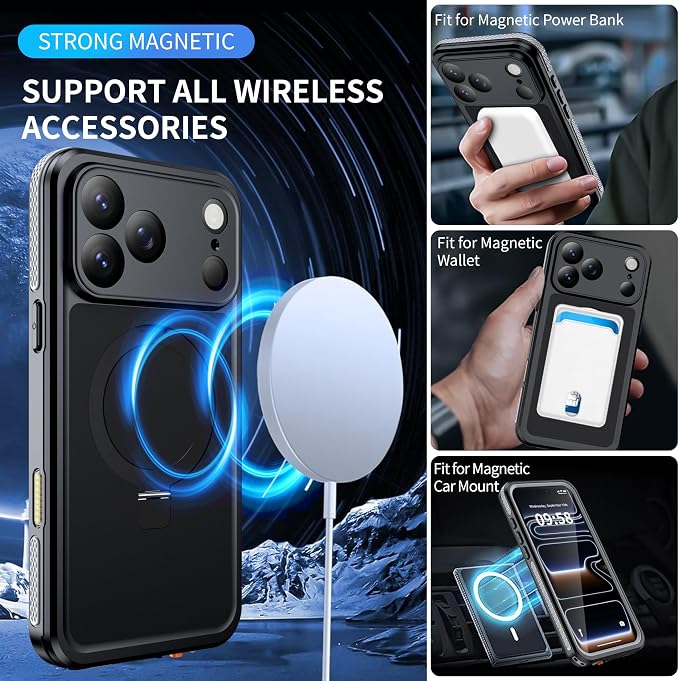 ANTSHARE Magnetic for iPhone 17 Pro Max Case Waterproof, Built in Screen Protector [Compatible with MagSafe] [Invisible Stand] [IP68 Underwater], Full Body Protection Phone Case 6.9'', Black