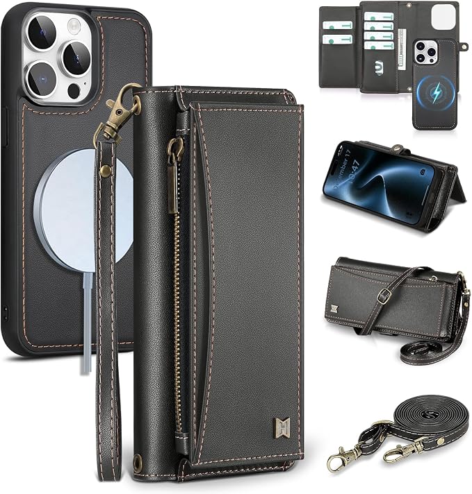 Wallet Case for iPhone 15 Pro Max with Card Holder/Crossbody Wallet/Strap| RFID Blocking | Magnetic | Kickstand | Detachable | PU Leather Phone Case for iPhone 15 Pro Max,6.7 in,Black