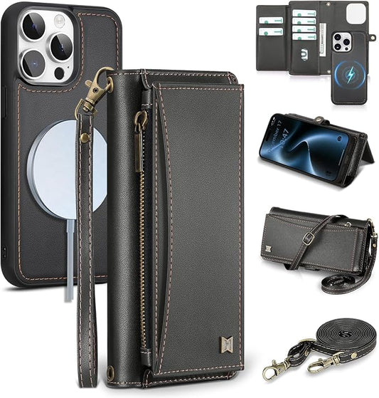 Wallet Case for iPhone 15 Pro Max with Card Holder/Crossbody Wallet/Strap| RFID Blocking | Magnetic | Kickstand | Detachable | PU Leather Phone Case for iPhone 15 Pro Max,6.7 in,Black