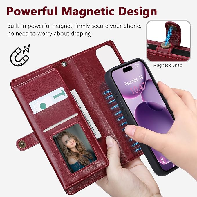 Wallet Case for iPhone 16 Plus with Card Holder/Crossbody Wallet/Strap| RFID Blocking | Magnetic | Kickstand | Detachable | PU Leather Phone Case for iPhone 16 Plus,6.7 in,Wine Red