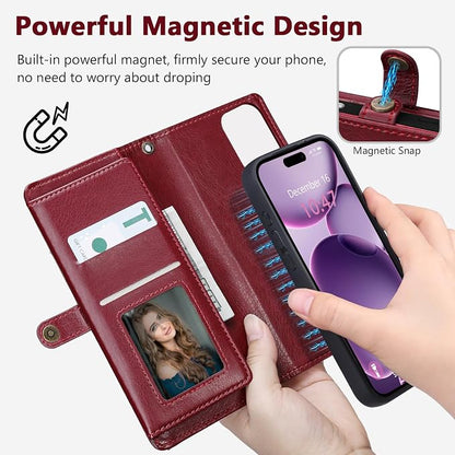 Wallet Case for iPhone 16 Plus with Card Holder/Crossbody Wallet/Strap| RFID Blocking | Magnetic | Kickstand | Detachable | PU Leather Phone Case for iPhone 16 Plus,6.7 in,Wine Red