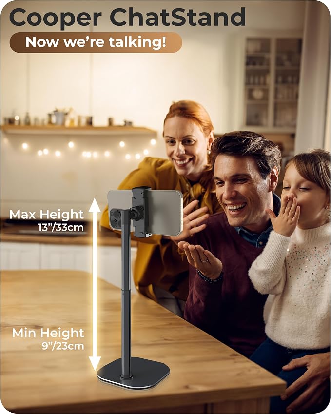 COOPER ChatStand, Adjustable Cell Phone Stand for Desk, Phone Stand for Recording, iPhone Holder for Filming, Small Tripod for iPhone, Fits Samsung, Android Smartphones, (Metallic Gray)