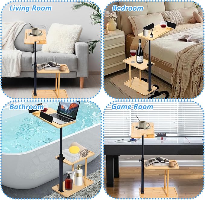 3 Layer Bath Tub Tray Table Liftable Freestanding Bamboo Bath Tray Caddy for Tub Against Wall Shelf Bathroom Organizer Shelf for Luxury Spa (Square)