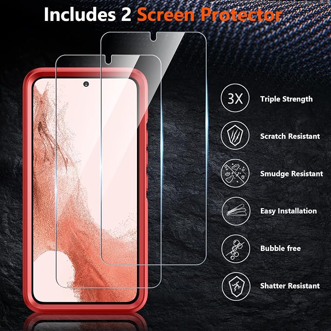 SPIDERCASE Designed for Samsung Galaxy S22 Case,[10 FT Military Grade Drop Protection],2 Pack [Tempered Glass Screen Protector+Camera Lens Protector] Heavy Duty Shockproof Case,Red