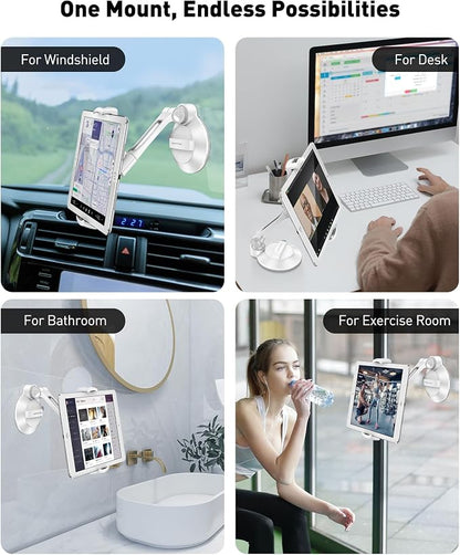 AboveTEK iPad Suction Mount, Phone Tablet Stand Holder with Suction Cup Fits 4"-11" Tablet/Phone/iPad mini/Air, Sticky iPads Mount on Window Bathroom Mirror, for Car Truck Windshield Boat (White)