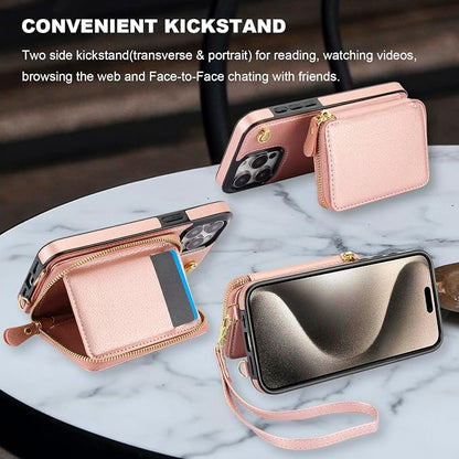 Bocasal for MagSafe Crossbody Wallet Case Compatible with iPhone 15 Pro Max, RFID Blocking Protective Purse Case with Card Slots Holder Kickstand Wrist Strap Lanyard Zipper 6.7 Inch 5G (Rose Gold)