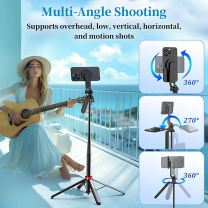 PlusAcc 69” Magnetic Selfie Stick Tripod - Extendable Phone Mount for MagSafe, 360°Rotation Travel Stand with Rechargeable Remote, Compatible with iPhone, Camera, Video Recording