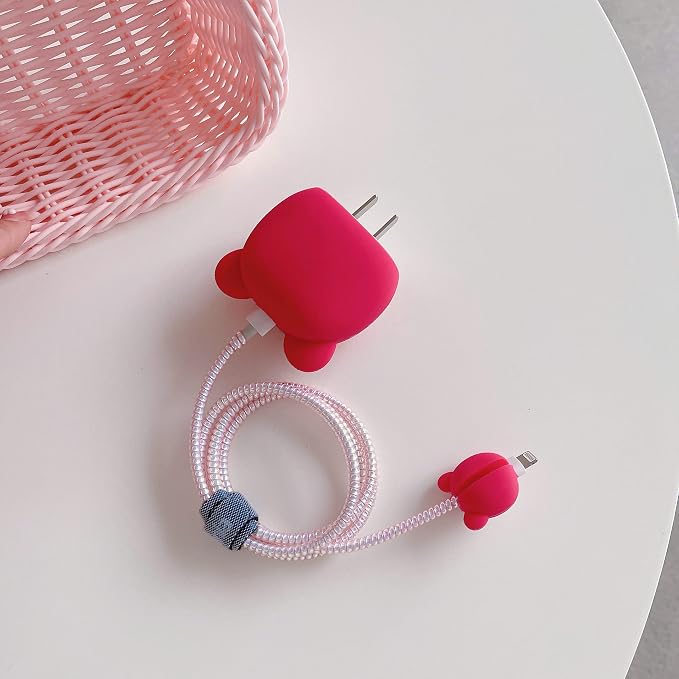 3D Cute Cartoon Charger Protector Case - Compatible for Apple 20W USB-C Power Adapter and Lightning Cable (Pink 02)