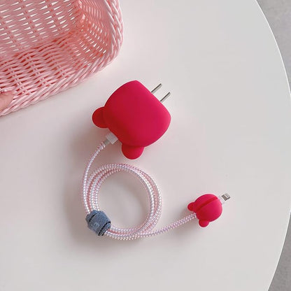 3D Cute Cartoon Charger Protector Case - Compatible for Apple 20W USB-C Power Adapter and Lightning Cable (Pink 02)