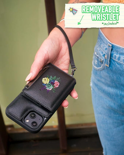 Smartish iPhone 14 Crossbody Wallet Case - Dancing Queen [Purse/Clutch with Detachable Strap & Wristlet] Protective Cover with Credit Card Holder - Catch The Bouqet