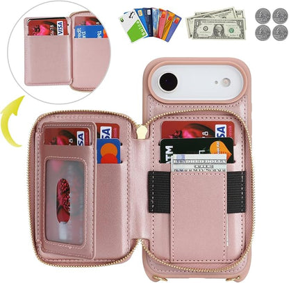 Crossbody Wallet Case for iPhone Air, PU Leather Zipper Handbag Purse Flip Cover, Kickstand Folio Case with Card Slots Holder Wrist Strap Lanyard 5G 6.5 Inch-Rose Gold