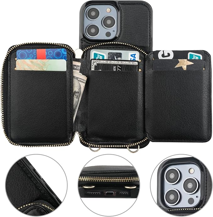 Bocasal RFID Blocking Wallet Pu Leather Flip Folio Case for iPhone 14 Pro Max, 6.7 Inch 5G Crossbody Zipper Purse Case, Card Holder With Kickstand & Detachable Wrist Strap (Black)