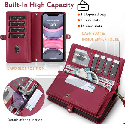 for Wallet Case Compatible with iPhone 12,Multi-Function Detachable 2 in 1 Magnetic iPhone 12 Case Wallet,Flip Strap Zipper Card Holder Phone Case with Shoulder Straps (Red)