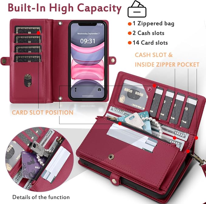 for Wallet Case Compatible with iPhone 11,Multi-Function Detachable 2 in 1 Magnetic iPhone 11 Case Wallet,Flip Strap Zipper Card Holder Phone Case with Shoulder Straps (Red)