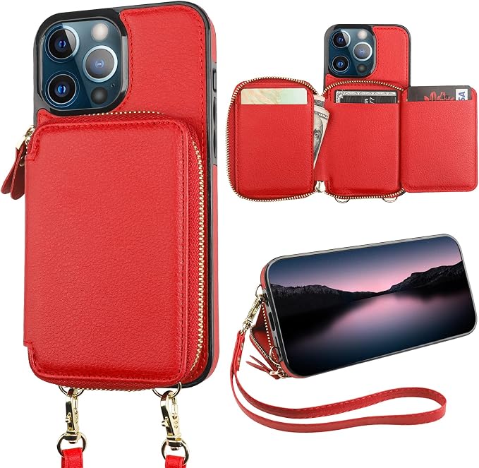 Bocasal RFID Blocking Wallet Case for iPhone 13 Pro, Adjustable Crossbody Zipper Purse Case Card Holder with Kickstand Detachable Wrist Strap, PU Leather Flip Folio Case 6.1 Inch 5G (Red)