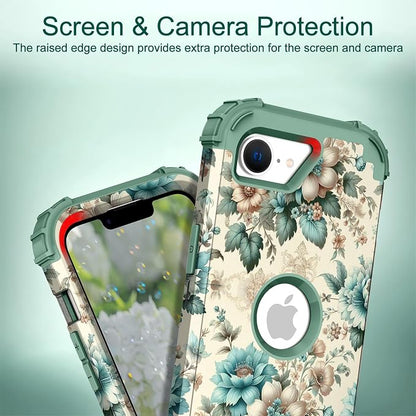 Hocase for iPhone 17e/iPhone 16e Case, Heavy Duty Shockproof Protection Hard Plastic+Silicone Rubber Hybrid Protective Phone Case for iPhone 17e/16e 6.1" - Teal Blue Flowers
